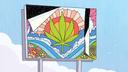 An illustration of a billboard with a prominent marijuana leaf