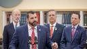 House Speaker Mark Rozzi (center) is shown in 2019 with Gov. Tom Wolf (left) and Gov.-elect Josh Shapiro (right).