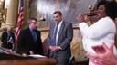 Mark Rozzi (center) was joined by Bryan Cutler (right) and Joanna McClinton after being selected PA House speaker.