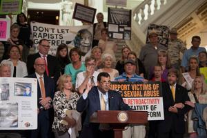 Rep. Mark Rozzi (D., Berks) is seen here at a 2018 rally at the state Capitol advocating for a change in state law to allow lawsuits for child sex abuse.